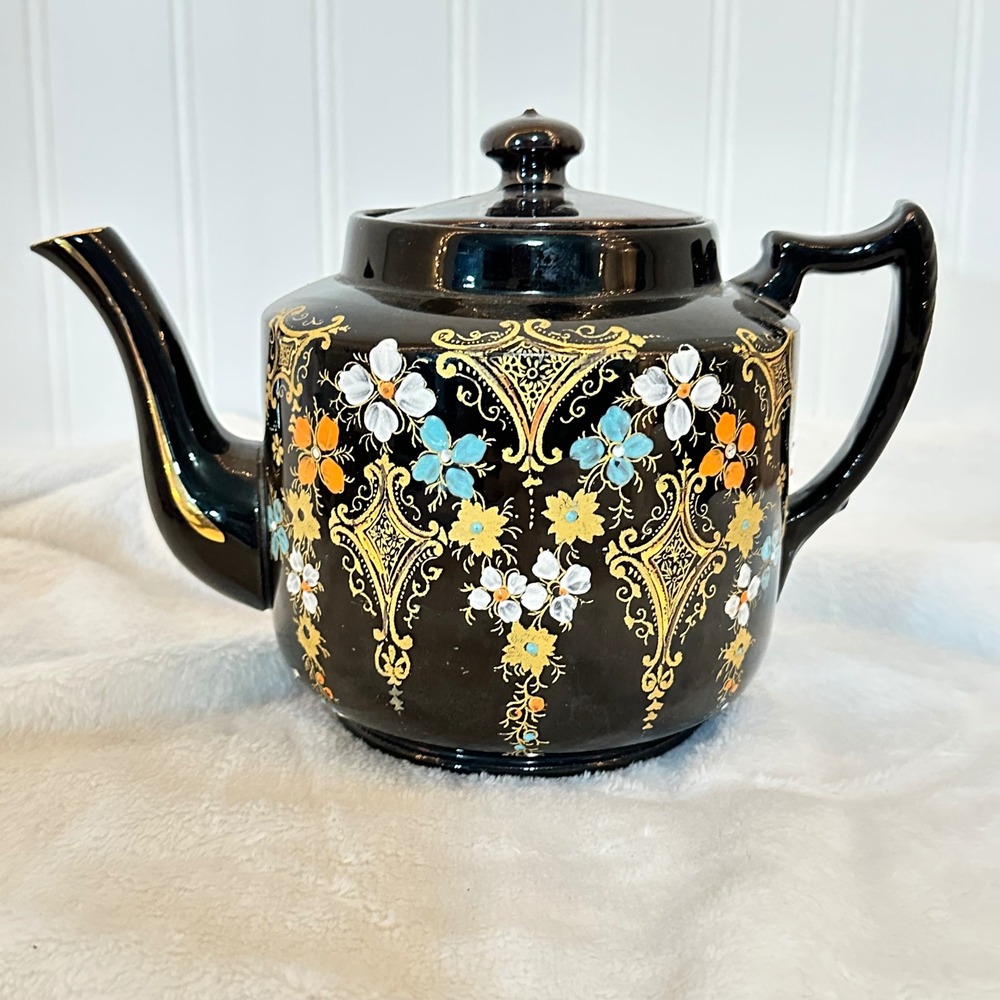 Vintage Hague Teapot Dark Hand Painted Floral Made in England Cottagecore Glazed